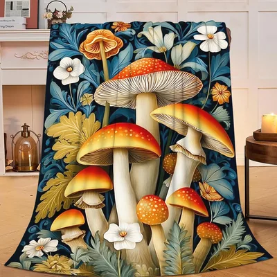 Mushroom Botanical Art Blanket: Vintage Fungi and Floral Illustration