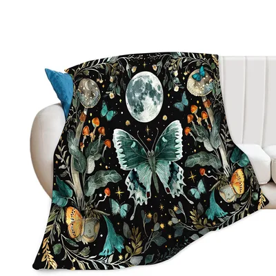Moth Moon Mushroom Botanical Blanket for Gothic Nature Lovers