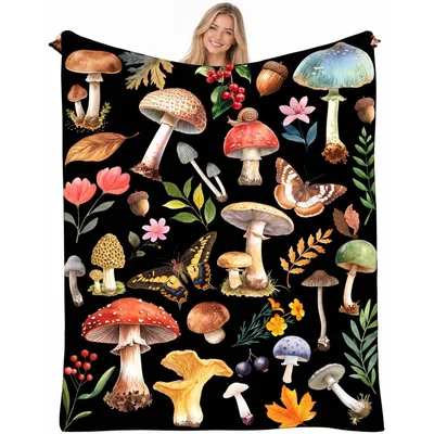 Mushroom Botanical Design Blanket: A Nature-Inspired Fleece Throw