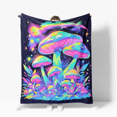 Neon Mushroom Cosmic Blanket: Vibrant Fungi Art for Space Lovers