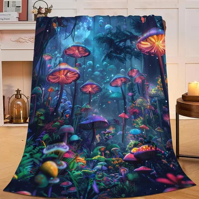 Mushroom Forest Fantasy Nature Blanket Enchanted Glow Design