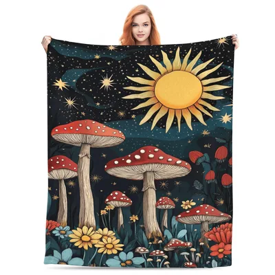 Mushroom Sun Stars Blanket: A Whimsical Forest Night Scene