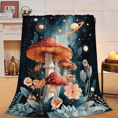 Mushroom Galaxy Floral Blanket: Cosmic Fungi and Flowers