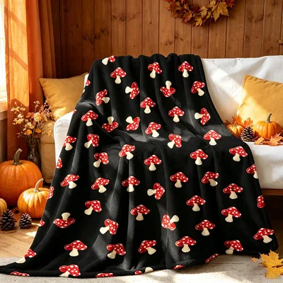 Toadstools on Midnight Black Blanket: Red Spotted Fungi Design