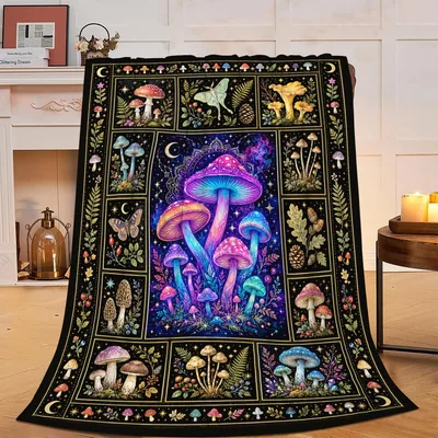 Mushroom Magical Forest Blanket: Glowing Psychedelic Fungi Art