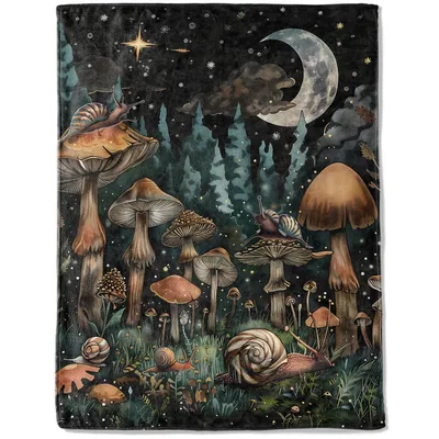 Mushroom Snail Moon Forest Blanket: A Mystical Nighttime Scene