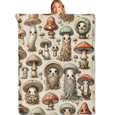 Cute Mushroom Characters Blanket: Whimsical Fungi with Faces