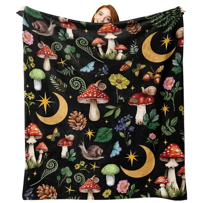 Mushroom Moon Forest Blanket: Enchanted Night Design