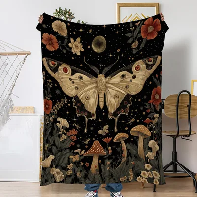 Moth Mushroom Floral Blanket: Gothic Moth and Vintage Botanical Throw