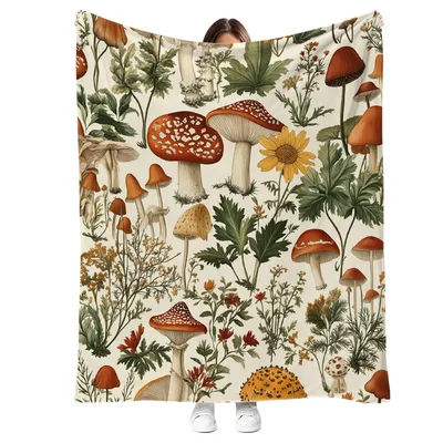 Mushroom Botanical Pattern Blanket: Vintage Fungi and Flora Design