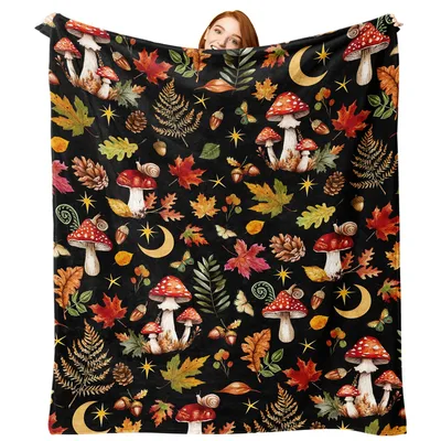 Mushroom Forest Autumn Blanket: Mystical Fall Fungi Design