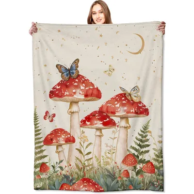 Mushroom Forest Blanket Enchanted Red Fungi and Butterfly Throw