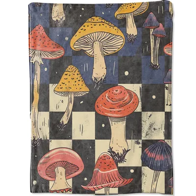 Vintage Mushroom Checkerboard Blanket: Fungi on a Geometric Grid