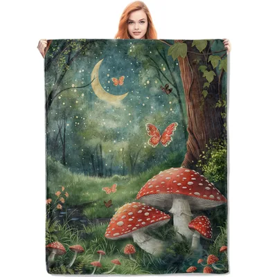 Mushroom Forest Under Moonlight Blanket: Enchanted Night Scene