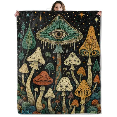 Whimsical Mushroom Night Forest Blanket: Psychedelic Fungi with Eyes