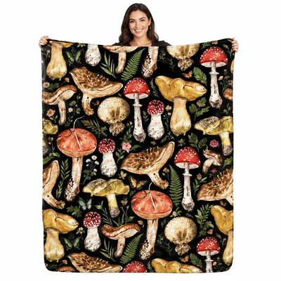 Midnight Toadstool Garden Blanket: A Fungal Botanical Print