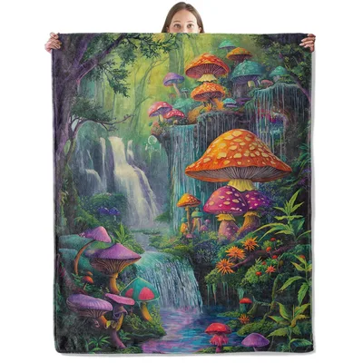 Fantasy Mushroom Forest Waterfall Blanket Enchanted Fungi Scene
