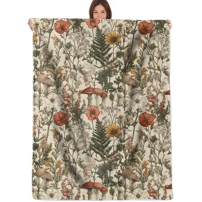 Vintage Mushroom Floral Blanket: A vintage-style throw
