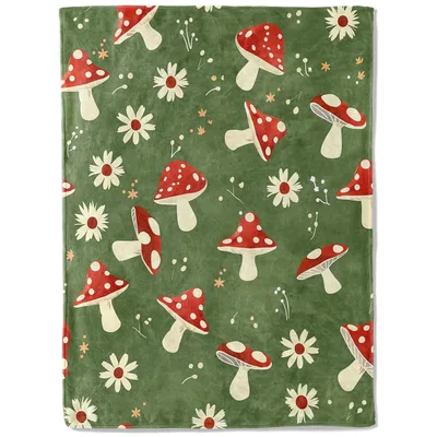 Mushroom Daisy Floral Blanket: Red Spotted Fungi and White Daisies
