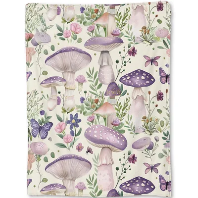 Mushroom Butterfly Floral Pattern Blanket: Vintage Purple Fungi Design