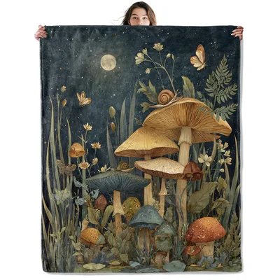 Mushroom Nature Moon Night Blanket: Enchanted Fungal Forest at Dusk