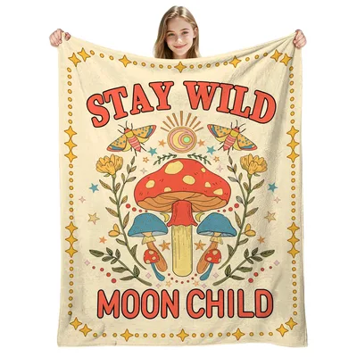 Boho Mushroom Moon Design Blanket: Stay Wild Moon Child Art