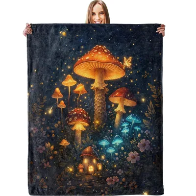 Mushroom Forest Night Blanket: Enchanted Fairy Cottagecore Glow
