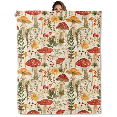 Mushroom Floral Pattern Blanket: Vintage Fungi and Wildflower Design