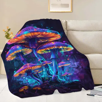 Neon Glowing Mushrooms Blanket: Psychedelic Fungi Art for Cozy Spaces
