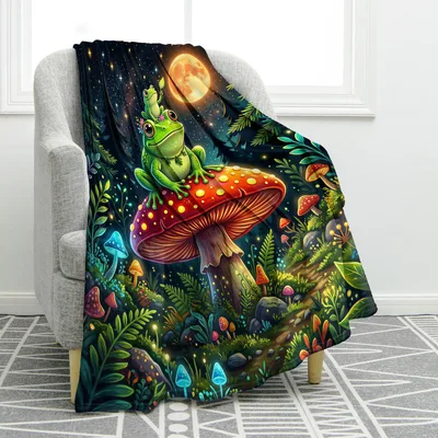 Frog on Glowing Mushroom Blanket: A Frog Sitting on a Giant Red Cap