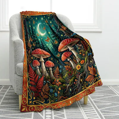 Mushroom Celestial Moon Forest Blanket Enchanted Night Scene