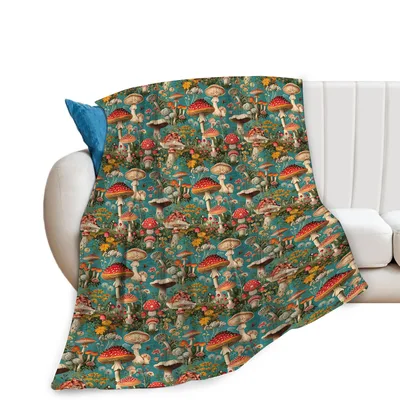 Retro Mushroom Pattern Blanket: Vintage Fungi and Floral Design