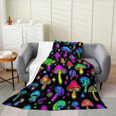 Colorful Mushrooms and Stars Blanket: Neon Fungi Pattern