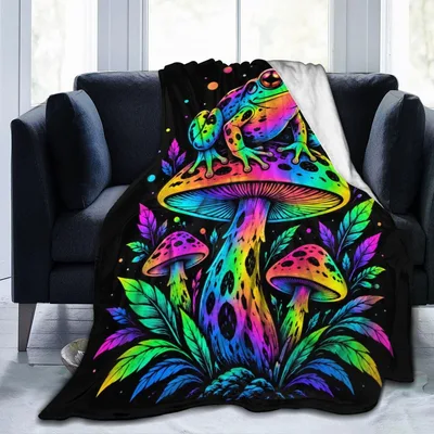 Neon Mushroom Fantasy Scene Blanket: Rainbow Frog and Fungi Art