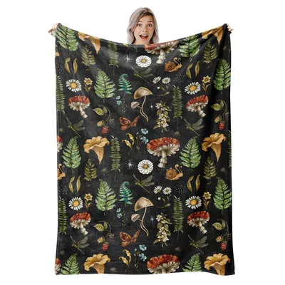 Mushrooms and Leaves Botanical Blanket: Forest Fungi Pattern