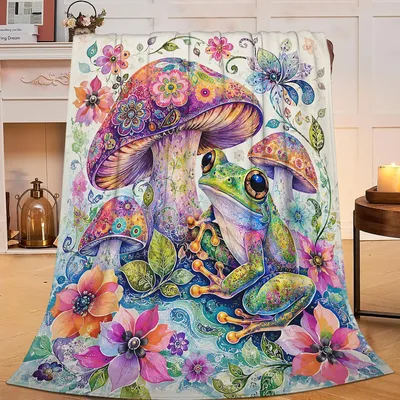 Frog on Mushroom with Flowers Blanket: Psychedelic Art Design