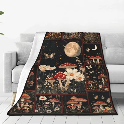 Moon and Mushroom Forest Blanket: Enchanted Night Print