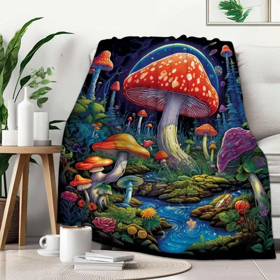 Enchanted Mushroom Forest Scene Blanket: A Fantasy Woodland Print