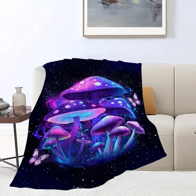 Purple Mushrooms in Galaxy Blanket: Cosmic Fungi Art