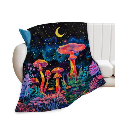 Mushrooms Under Starry Moon Blanket: A Vibrant Night Forest Print