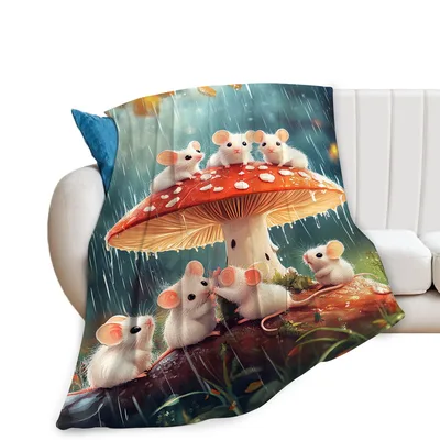 Mice on Red Mushroom Blanket: Cute White Mice Under Rainy Fungus