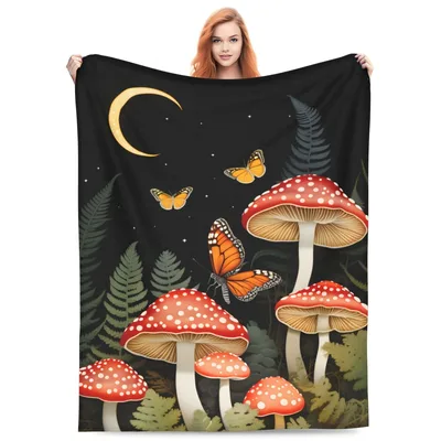 Mushrooms Butterflies Under Moon Blanket Forest Fungi Art