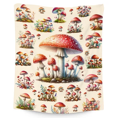 Watercolor Mushrooms Pattern Blanket: A Cozy Forest Fleece Throw