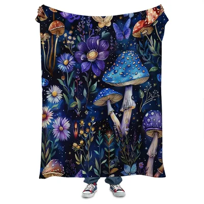 Blue Mushrooms and Flowers Blanket featuring dark botanical art