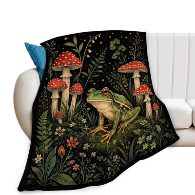 Frog and Red Mushrooms Blanket: Dark Academia Forest Illustration