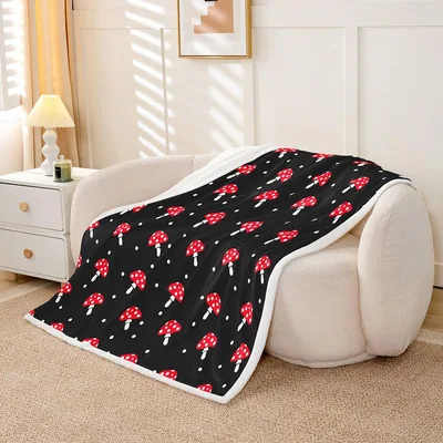 Red Mushroom Pattern Blanket: Fuzzy Fungi on Black Background
