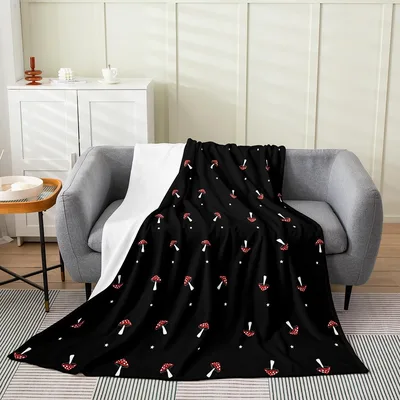 Cute Mushrooms Black Pattern Blanket: Red Fungi Design