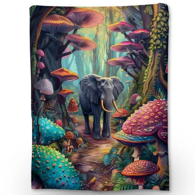 Elephant in Mushroom Forest Blanket