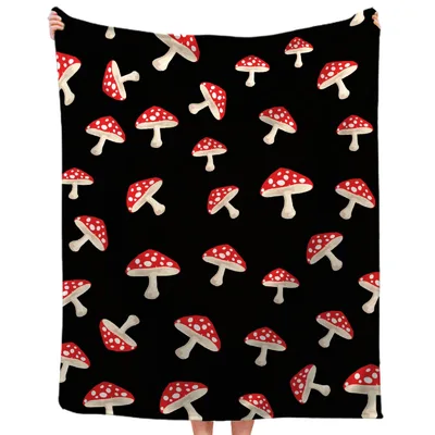 Red Mushroom Pattern Blanket: Cute Red Fungi Design on Black