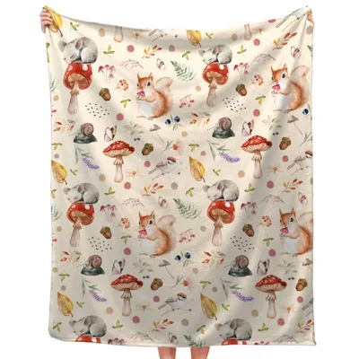 Squirrels and Mushrooms Pattern Blanket: Woodland Watercolor Throw